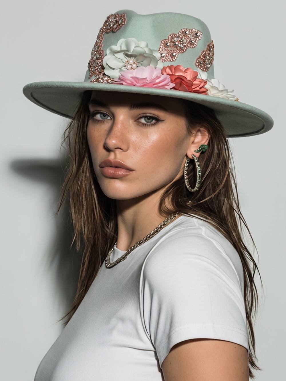 Upcycled Embellished Wide-Brim Hat in Mint with Flower & rhinestone accent